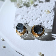 Kirana Tri Tone Earrings with dark grey, white, and gold brass and copper design, 1.5cm diameter post earrings