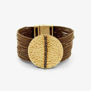 Golden Coin Cord Bracelet Australia & NZ - Brown multi-strand bracelet with large textured gold circle and central gem accent