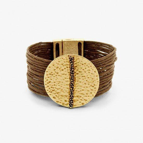Golden Coin Cord Bracelet Australia & NZ - Brown multi-strand bracelet with large textured gold circle and central gem accent