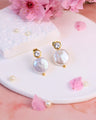 Zircon Mother of Pearl gold stud earrings with baroque freshwater pearl and cubic zircon accents