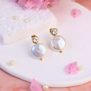 Zircon Mother of Pearl gold stud earrings with baroque freshwater pearl and cubic zircon accents