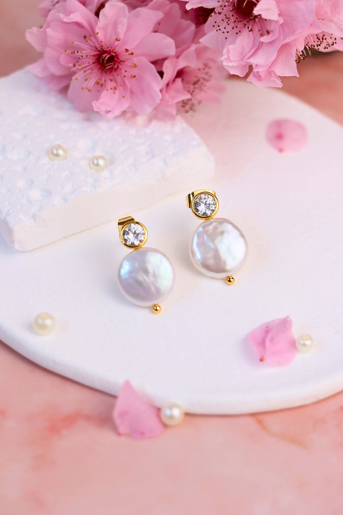 Zircon Mother of Pearl gold stud earrings with baroque freshwater pearl and cubic zircon accents