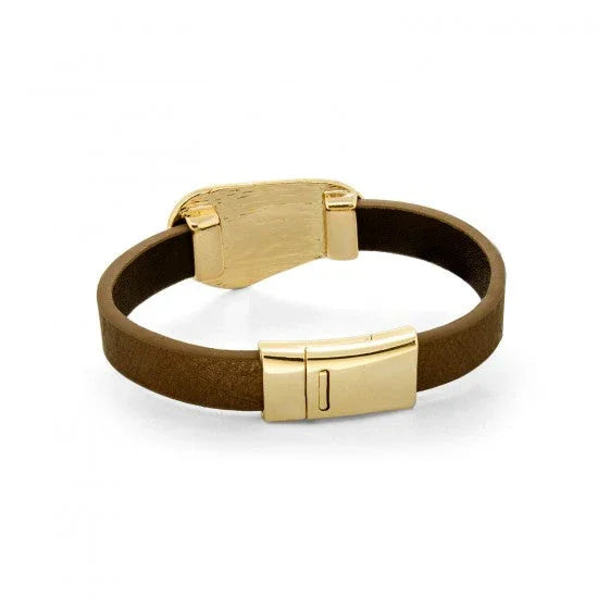 Women Sterling Cuff Bracelet Australia & New Zealand - Brown leather bracelet with gold magnetic clasp on white background