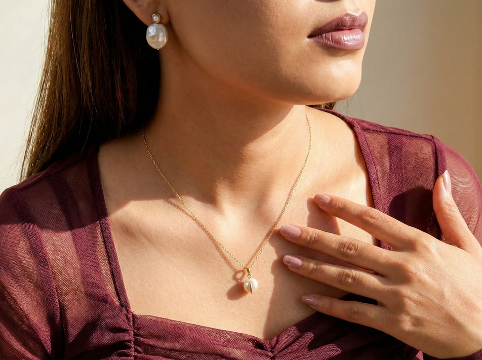 Buy Sustainable Gold Necklace Australia & New Zealand - woman wearing abstract pearl gold necklace with sculptural gold-tone design and luminous pearl accent