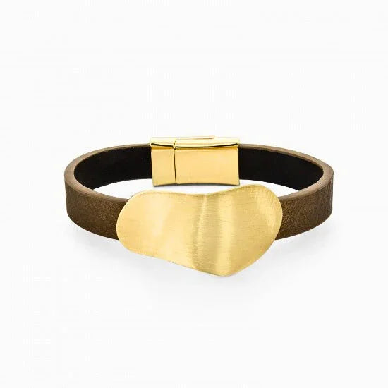 Online Women Sterling Cuff Bracelet New Zealand - Brown leather bracelet with abstract gold metal accent and magnetic clasp on white background