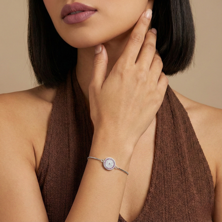 Diana Zircon Silver Bracelet on wrist with adjustable sliding lock and shiny zircon centerpiece