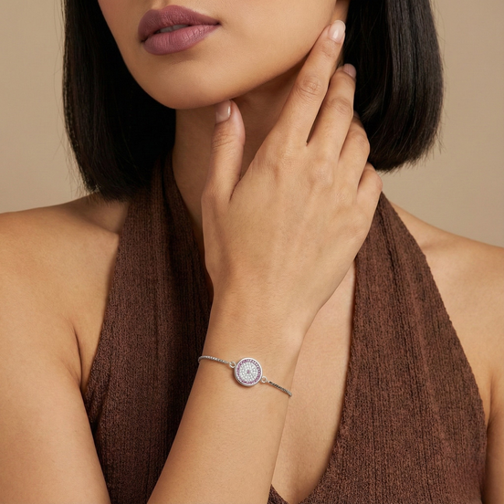 Diana Zircon Silver Bracelet on wrist with adjustable sliding lock and shiny zircon centerpiece