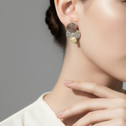 Divine Tri Tone Earrings stud design featuring gold, silver, and rose gold tones, 26mm by 18mm