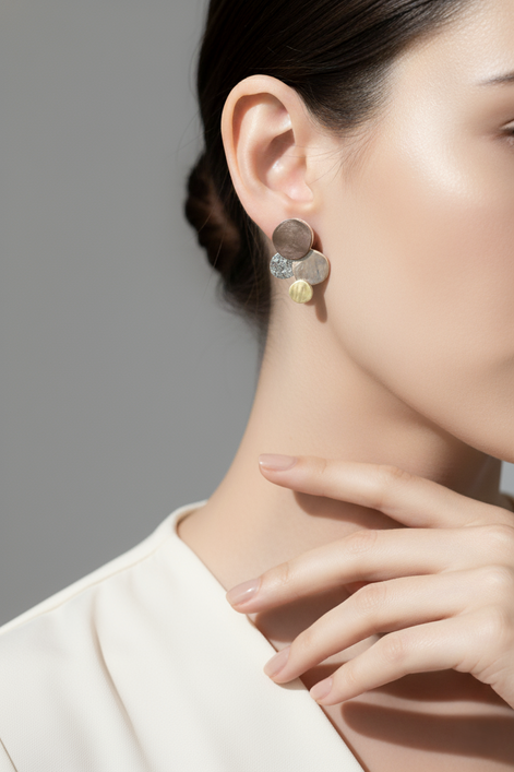 Divine Tri Tone Earrings stud design featuring gold, silver, and rose gold tones, 26mm by 18mm