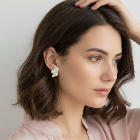 Divine Tri Tone Earrings stud earrings in gold, silver, and rose gold, 26mm by 18mm.
