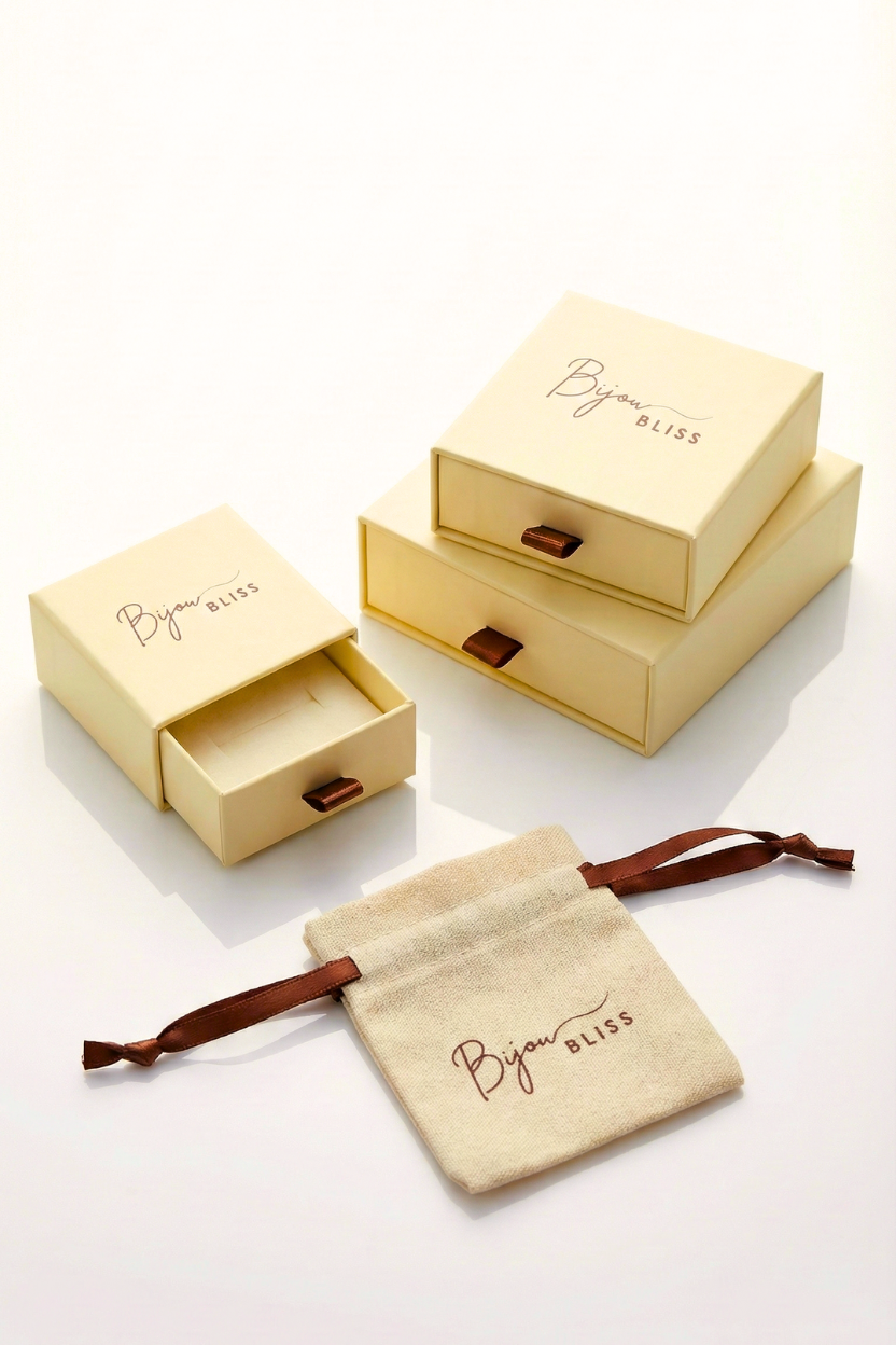 Diana Zircon Silver Bracelet packaging box and pouch set in beige with brown ribbon and logo