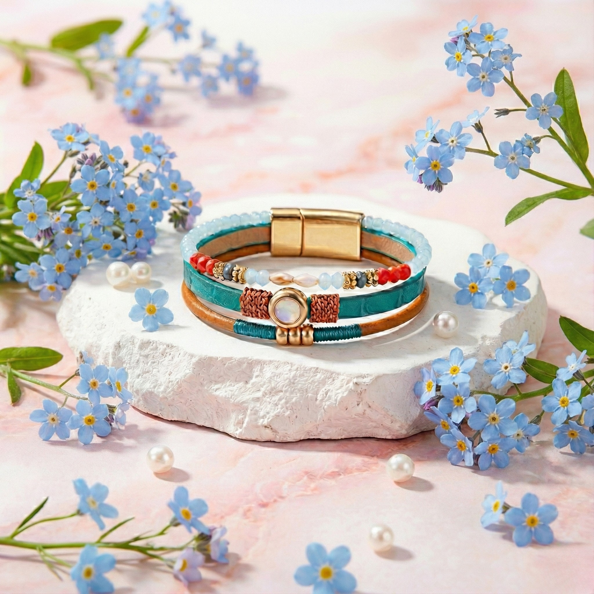 Green Forest Bracelet gold plated triple-line design with magnetic lock