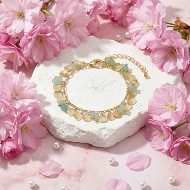 Green Shell Bracelet with adjustable green natural stone and gold-toned accents