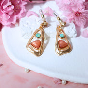 Large Ore Gold Earrings stud with cubic zircon and resin on gold plated brass and copper base