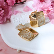Piazza Gold Earrings with white shell, enamel, resin coating, brushed finish, gold plated brass and copper base, 3.2cm length