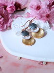 Verona Earrings with four-tone brass and copper in gold, white, rose gold, and dark grey, 4cm dangle hook design