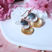 Verona Earrings with four-tone brass and copper in gold, white, rose gold, and dark grey, 4cm dangle hook design