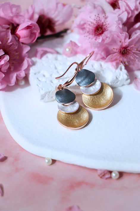 Verona Earrings with four-tone brass and copper in gold, white, rose gold, and dark grey, 4cm dangle hook design