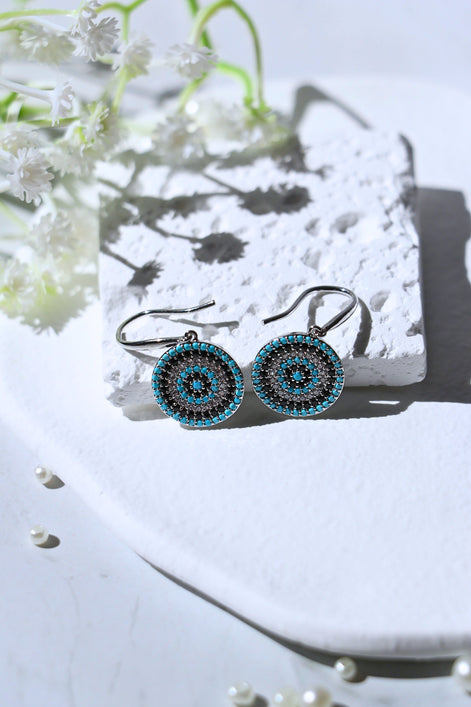 Mata Zircon Silver Earrings hook style with round sterling silver and sparkling white, black, turquoise zircons, 25mm length, 13mm width
