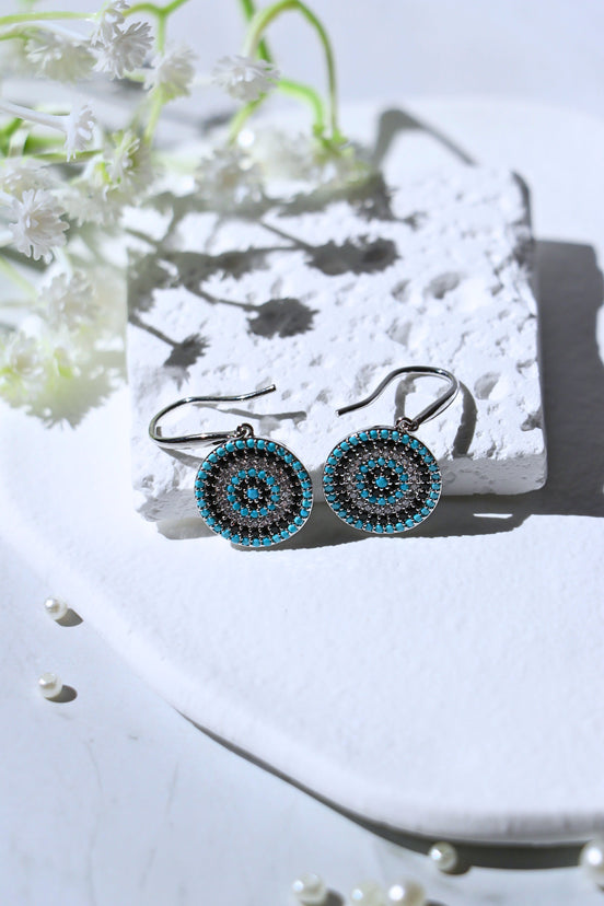 Mata Zircon Silver Earrings hook style with round sterling silver and sparkling white, black, turquoise zircons, 25mm length, 13mm width