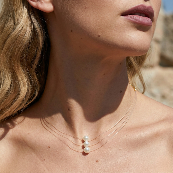 Inna Pearl Gold Necklace with 8mm white pearl on gold crystal thread, adjustable 40-45cm length