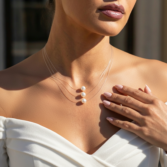 Inna Pearl Gold Necklace with 8mm white pearl on fine crystal thread, adjustable 40-45cm length, radiant gold finish