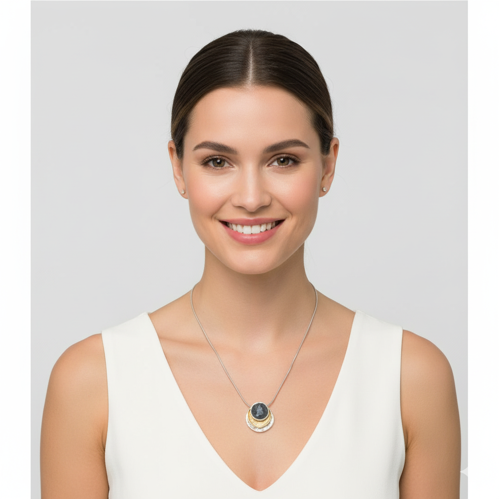 Kirana Tri Tone Necklace with adjustable chain and tri-color pendant in dark grey, white, and gold tones worn by woman in white top