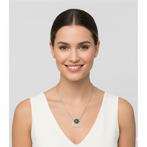 Kirana Tri Tone Necklace with adjustable chain and tri-color pendant in dark grey, white, and gold tones worn by woman in white top