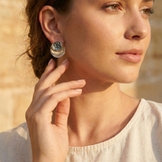 Kirana Tri Tone Earrings with dark grey, white, and gold brass and copper design, 1.5cm diameter posts