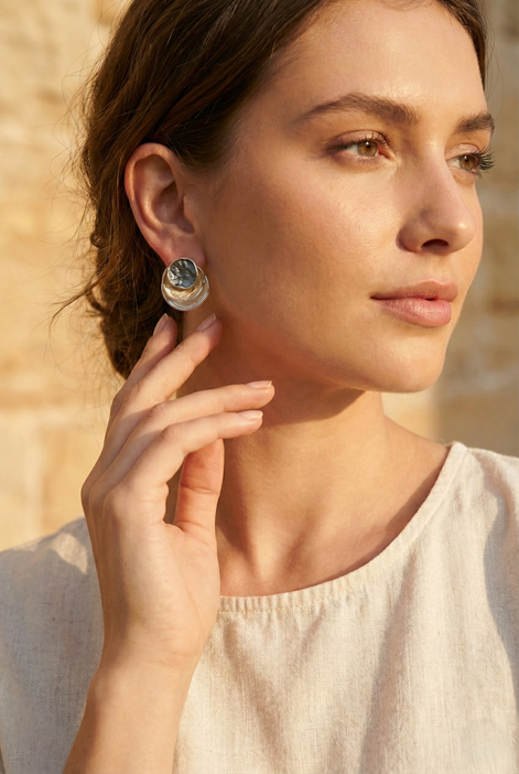 Kirana Tri Tone Earrings with dark grey, white, and gold brass and copper design, 1.5cm diameter posts