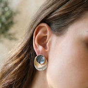 Kirana Tri Tone Earrings with dark grey, white, and gold brass and copper design, 1.5cm diameter