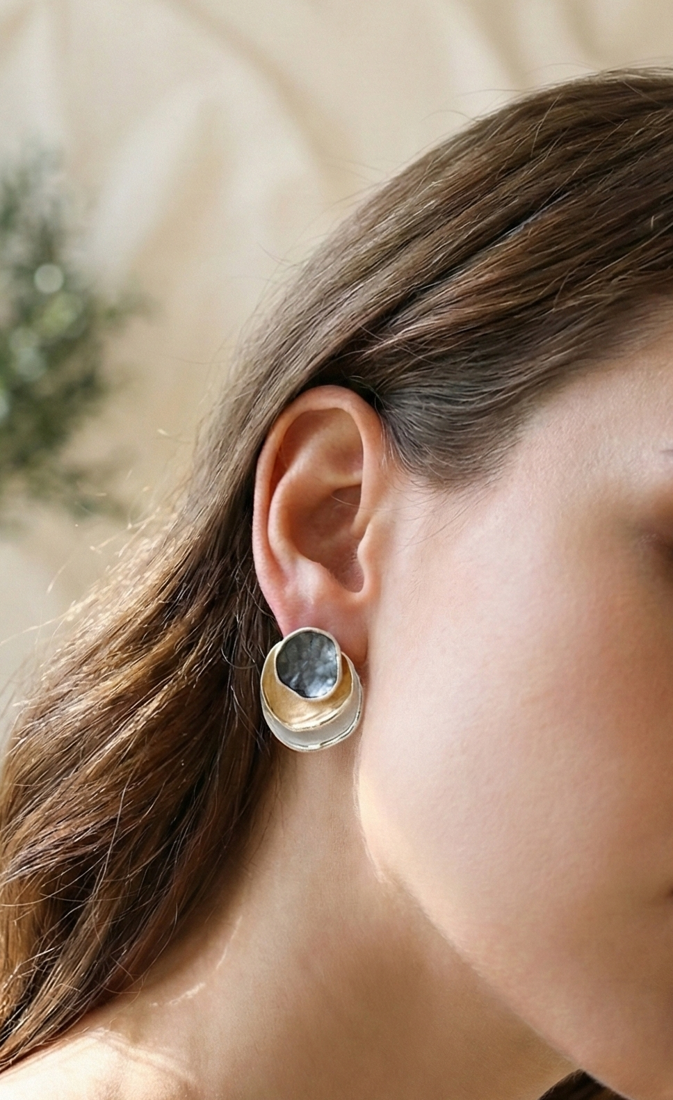 Kirana Tri Tone Earrings with dark grey, white, and gold brass and copper design, 1.5cm diameter