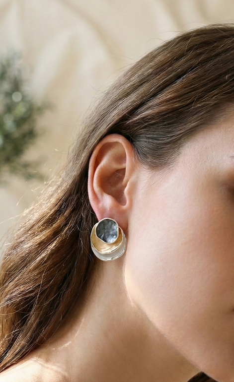 Kirana Tri Tone Earrings with dark grey, white, and gold brass and copper design, 1.5cm diameter