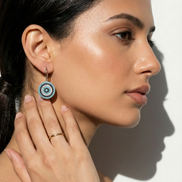 Mata Zircon Silver Earrings round sterling silver hooks with white, black, and turquoise zircons 25mm length 13mm width