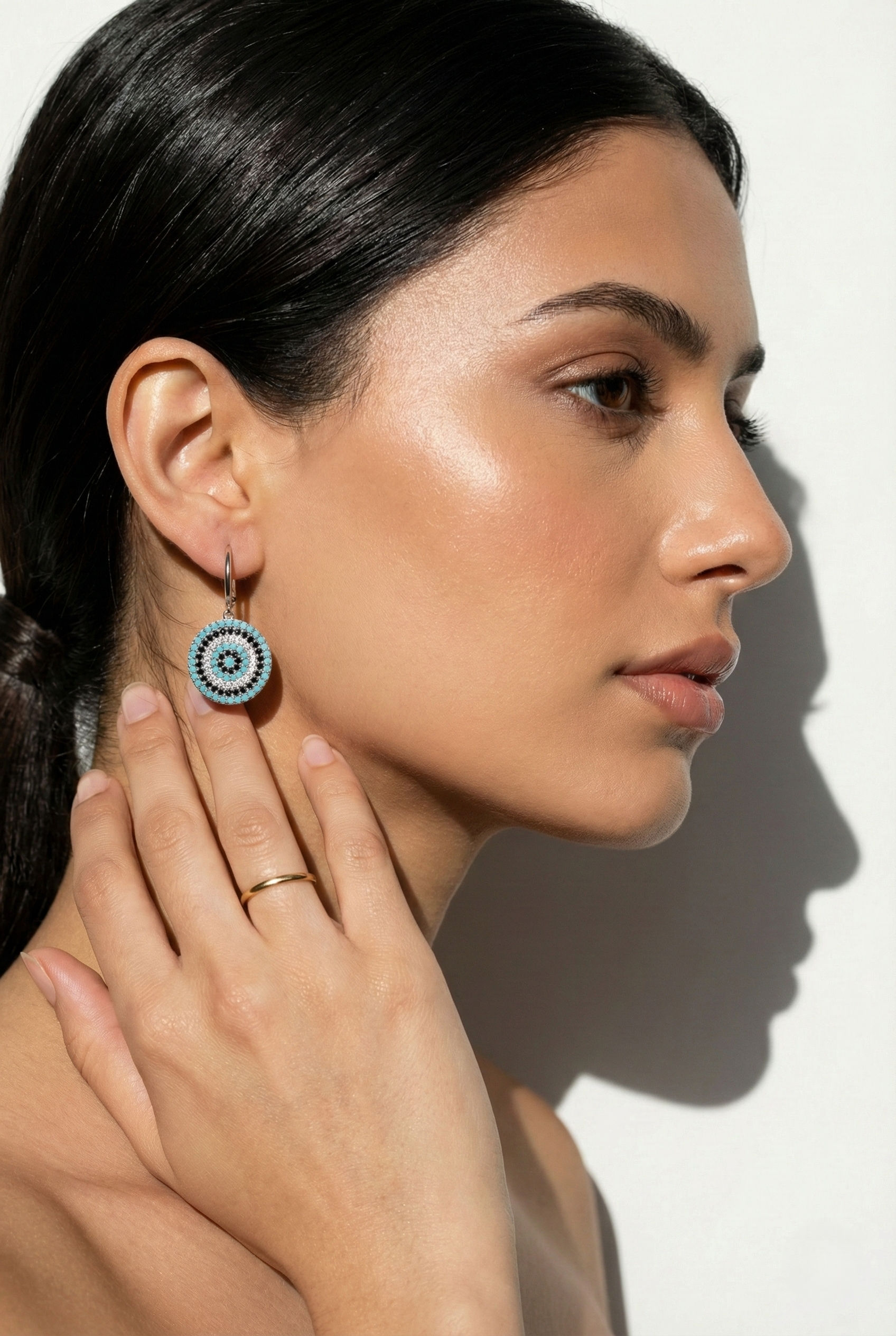 Mata Zircon Silver Earrings round sterling silver hooks with white, black, and turquoise zircons 25mm length 13mm width