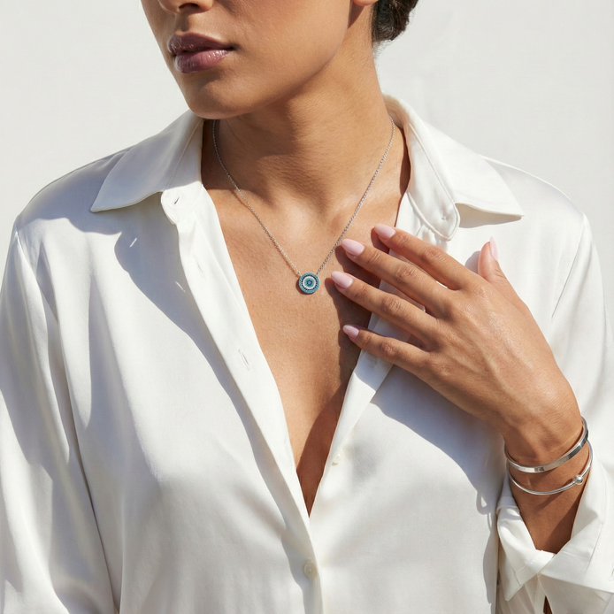 Mata Zircon Silver Necklace with white, black, and turquoise zircons on adjustable silver chain