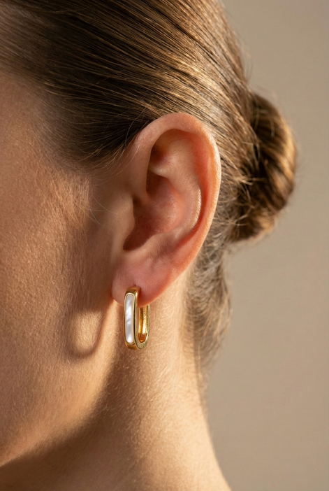 Ollie Mother Of Pearl gold earrings with iridescent mother of pearl and gold plated brass design