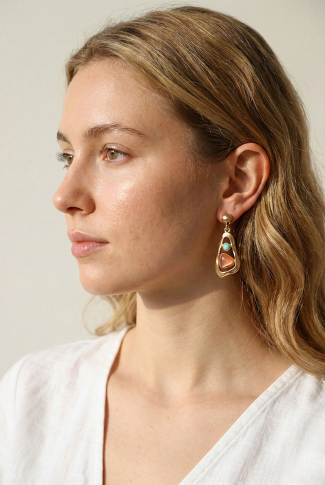 Ore Gold Earrings stud with cubic zircon and resin, gold plated brass and copper base, 41mm length, 15mm width