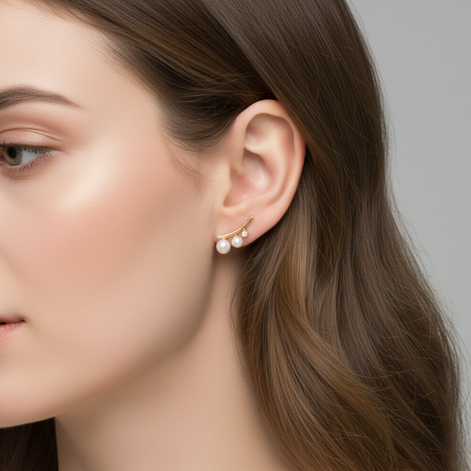 Nusa Crystal Pearl gold plated stud earrings with white crystals and pearls, 16mm by 7mm.