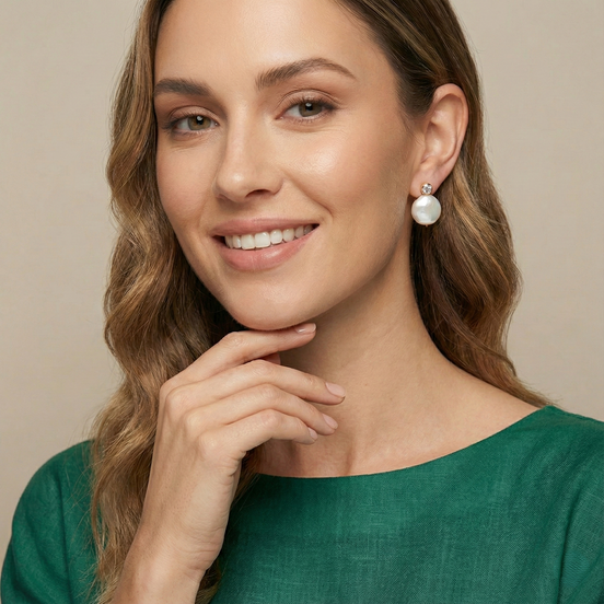 Zircon Mother of Pearl gold stud earrings with baroque freshwater pearl and cubic zircon accents