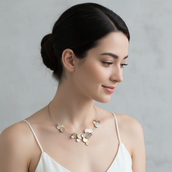 Divine Tri Tone Necklace with gold, silver, and coffee tones on adjustable chain