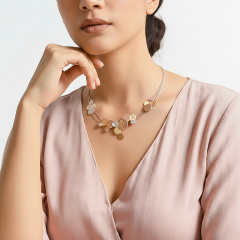 Divine Tri Tone Necklace with gold, silver, and coffee hues on adjustable chain