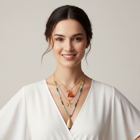 Tuju Layered Gold Necklace with golden beads, turquoise charms, and adjustable chain