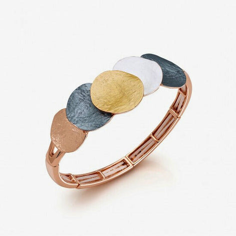 Verona Bracelet with flexible elastic band featuring gold, white, rose gold, and dark grey textured discs