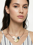 Verona Wire Necklace with two geometric circles on adjustable wire chain in gold, dark grey, white, and rose gold tones