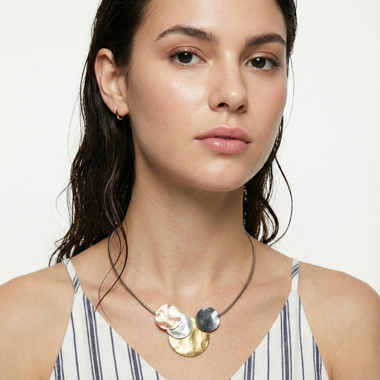 Verona Wire Necklace with two geometric circles on adjustable wire chain in gold, dark grey, white, and rose gold tones
