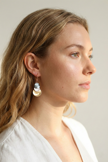 Verona Earrings with four-tone brass and copper in gold, white, rose gold, and dark grey dangle design