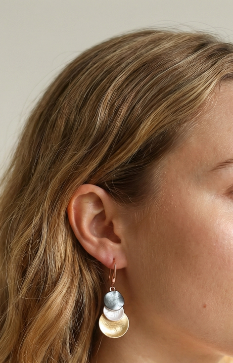 Verona Earrings four-tone brass and copper hook earrings with gold white rose gold and dark grey colors 4cm length