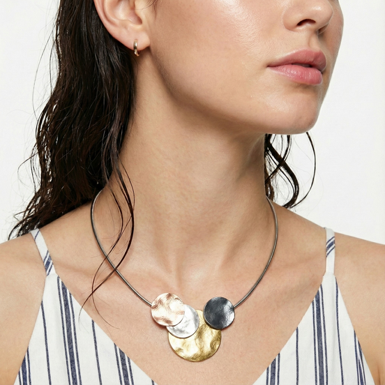 Verona Wire Necklace with two sleek circles on adjustable wire chain in gold, dark grey, white, and rose gold tones