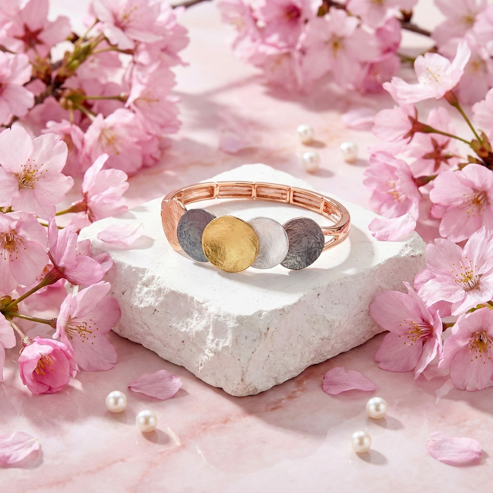 Verona Bracelet with four-tone gold, white, rose gold, and dark grey discs on elastic band surrounded by pink cherry blossoms and pearls